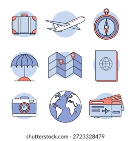 Ilustración vectorial minimalista con un
colección de íconos con temas de viajes.
