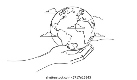 Una Ilustración vectorial minimalista con una línea continua de manos que sujetan suavemente la tierra, rodeada de suaves nubes. El diseño promueve temas de conciencia ambiental, global
