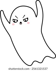 Minimalist vector illustration featuring a cute little kawaii ghost raising its hands in a display of anger, set against a clean white background, perfect for Halloween themes