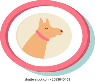 Minimalist vector illustration featuring a cute cartoon dog with a pink collar inside a light beige circle, framed by a pink and light blue double border, ideal for pet shop branding