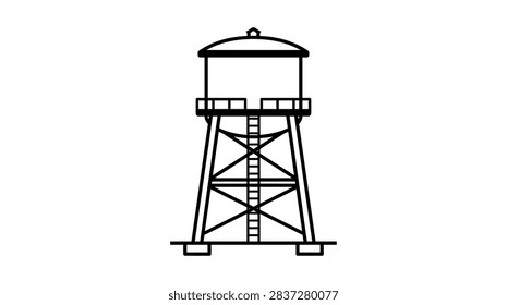A minimalist vector illustration featuring a cylindrical water tank supported by a metal truss tower with a vertical ladder and concrete foundation bases