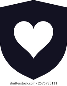 Minimalist vector illustration featuring a dark shield encompassing a white heart, symbolizing protection, security, love, care, and well being