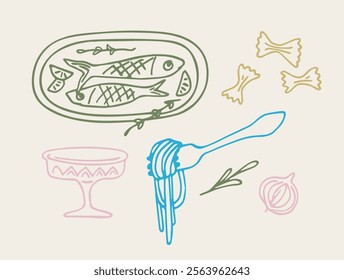 Minimalist vector illustration featuring a fish on a platter, a fork with pasta, bowtie pasta, an herb sprig, an onion, and a decorative stand. Ideal for culinary designs