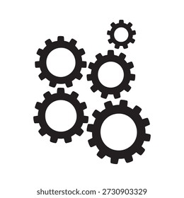 Ilustración vectorial minimalista con cuatro íconos de engranajes negros dispuestos en un grupo dinámico. Cada engranaje varía en tamaño y está espaciado uniformemente para sugerir interacción mecánica y conectividad del sistema. El engranaje Grande ancla la parte superior izquierda, con tres Pequeños engranajes colocados a la derecha, abajo e inferior izquierda, formando una composición cohesiva. Ideal para conceptos relacionados con la ingeniería, la automatización, el trabajo en equipo, la maquinaria y el diseño industrial. El estilo de silueta de alto contraste garantiza versatilidad tanto para la impresión como para el uso digital.
