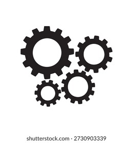 Ilustración vectorial minimalista con cuatro íconos de engranajes negros dispuestos en un grupo dinámico. Cada engranaje varía en tamaño y está espaciado uniformemente para sugerir interacción mecánica y conectividad del sistema. El engranaje Grande ancla la parte superior izquierda, con tres Pequeños engranajes colocados a la derecha, abajo e inferior izquierda, formando una composición cohesiva. Ideal para conceptos relacionados con la ingeniería, la automatización, el trabajo en equipo, la maquinaria y el diseño industrial. El estilo de silueta de alto contraste garantiza versatilidad tanto para la impresión como para el uso digital.