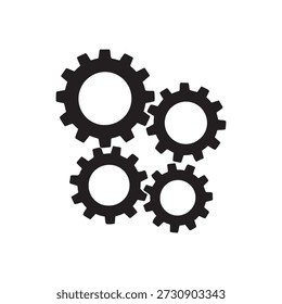 Ilustración vectorial minimalista con cuatro íconos de engranajes negros dispuestos en un grupo dinámico. Cada engranaje varía en tamaño y está espaciado uniformemente para sugerir interacción mecánica y conectividad del sistema. El engranaje Grande ancla la parte superior izquierda, con tres Pequeños engranajes colocados a la derecha, abajo e inferior izquierda, formando una composición cohesiva. Ideal para conceptos relacionados con la ingeniería, la automatización, el trabajo en equipo, la maquinaria y el diseño industrial. El estilo de silueta de alto contraste garantiza versatilidad tanto para la impresión como para el uso digital.