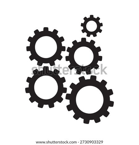 Minimalist vector illustration featuring four black gear icons arranged in a dynamic cluster. Each gear varies in size and is evenly spaced to suggest mechanical interaction and system connectivity. The largest gear anchors the top left, with three smaller gears positioned to the right, below, and bottom left, forming a cohesive composition. Ideal for concepts related to engineering, automation, teamwork, machinery, and industrial design. High-contrast silhouette style ensures versatility for both print and digital use.