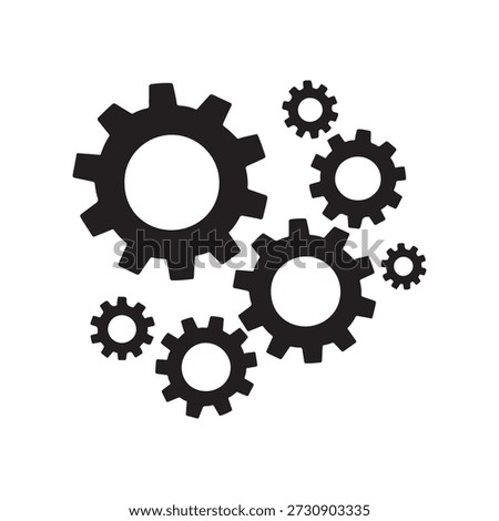 Minimalist vector illustration featuring four black gear icons arranged in a dynamic cluster. Each gear varies in size and is evenly spaced to suggest mechanical interaction and system connectivity. The largest gear anchors the top left, with three smaller gears positioned to the right, below, and bottom left, forming a cohesive composition. Ideal for concepts related to engineering, automation, teamwork, machinery, and industrial design. High-contrast silhouette style ensures versatility for both print and digital use.