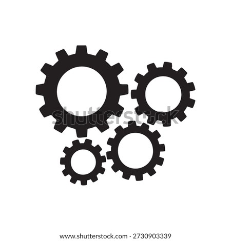 Minimalist vector illustration featuring four black gear icons arranged in a dynamic cluster. Each gear varies in size and is evenly spaced to suggest mechanical interaction and system connectivity. The largest gear anchors the top left, with three smaller gears positioned to the right, below, and bottom left, forming a cohesive composition. Ideal for concepts related to engineering, automation, teamwork, machinery, and industrial design. High-contrast silhouette style ensures versatility for both print and digital use.