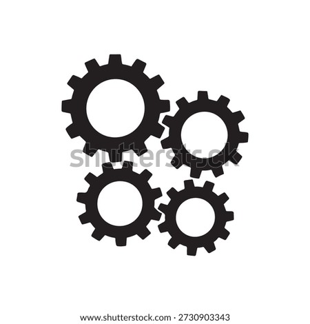 Minimalist vector illustration featuring four black gear icons arranged in a dynamic cluster. Each gear varies in size and is evenly spaced to suggest mechanical interaction and system connectivity. The largest gear anchors the top left, with three smaller gears positioned to the right, below, and bottom left, forming a cohesive composition. Ideal for concepts related to engineering, automation, teamwork, machinery, and industrial design. High-contrast silhouette style ensures versatility for both print and digital use.