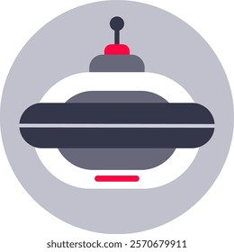 Minimalist vector illustration featuring a gray and red spaceship soaring within a round gray frame, symbolizing the concepts of space travel and exploration