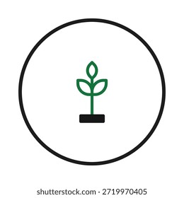 Uma ilustração vetorial minimalista com uma muda verde emergindo de um pequeno quadrado escuro. O design está contido dentro de um círculo preto limpo, enfatizando o crescimento, a natureza e a sustentabilidade.