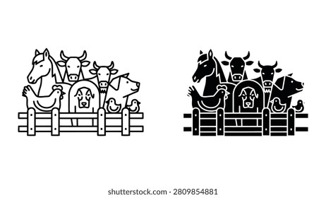 A minimalist vector illustration featuring a group of various farm animals standing behind a wooden fence.