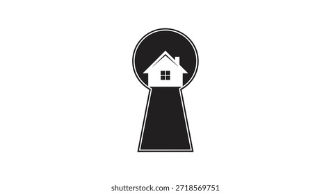 Uma ilustração vetorial minimalista com um ícone de casa aninhado em uma forma de buraco de fechadura, simbolizando a segurança da casa, oportunidades imobiliárias e proteção de propriedade. Este design elegante e moderno