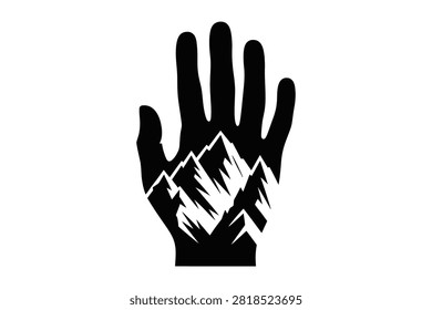 A minimalist vector illustration featuring a human hand silhouette with a negative space design of jagged snowy mountains inside representing a deep connection to nature and the spirit of outdoor adventure