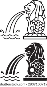A minimalist vector illustration featuring the iconic Merlion statue of Singapore in both outline and solid black styles.