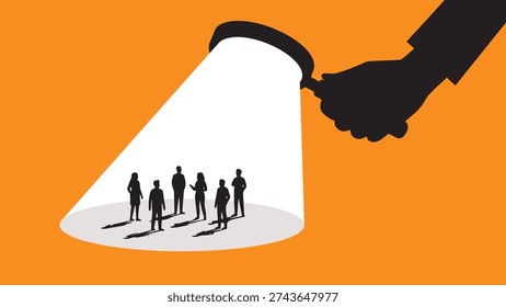 A minimalist vector illustration featuring a large hand holding a magnifying glass that casts a bright white light beam onto a group of small people silhouettes against a vibrant orange background.