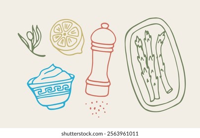 Minimalist vector illustration featuring a lemon slice, pepper grinder, asparagus, sour cream bowl, and herbs. Perfect for culinary and healthy food-themed designs