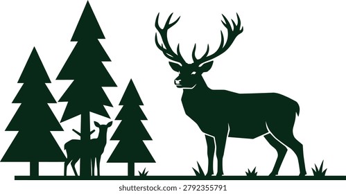 A minimalist vector illustration featuring a majestic stag, a doe, and a cluster of evergreen trees in a forest setting.