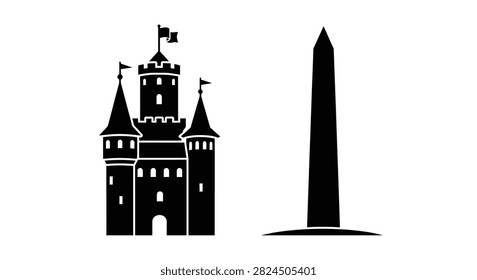 Minimalist vector illustration featuring a medieval fortress castle with turrets and a tall pointed obelisk monument isolated on a white background