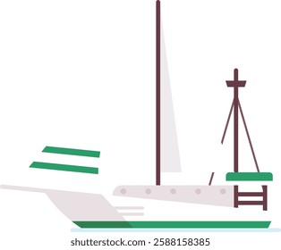 Minimalist vector illustration featuring a modern sailboat gliding across calm waters, showcasing green accents on the deck and hull, embodying a serene nautical lifestyle