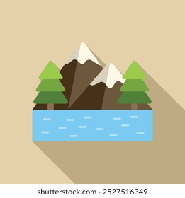 Minimalist vector illustration featuring a mountain range with snowy peaks reflected in a lake and pine trees in the foreground