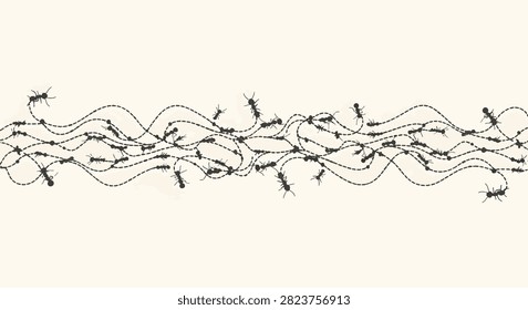 Minimalist vector illustration featuring multiple black ant silhouettes following complex intertwined dotted pheromone trails across a neutral cream background horizontal layout.