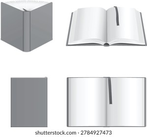 Minimalist vector illustration featuring an open book with a pen resting on top, alongside a blank notebook and a simple geometric shape, all set against a clean, neutral background.Open Book with Pen and Blank Notebook Vector Illustration on Minimal Background
