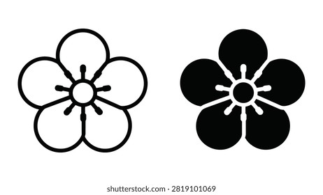 A minimalist vector illustration featuring a pair of plum blossom flower icons in both outline and solid black styles.