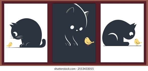 Minimalist vector illustration featuring a playful interaction between a black cat and a small yellow bird across three panels. Clean lines and soft colors make this design ideal for posters