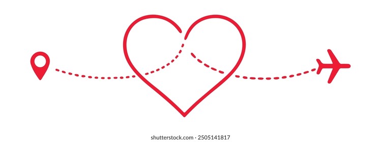 Una Ilustración vectorial minimalista con un camino en forma de corazón rojo con un plano y un pin de ubicación que simbolizan el amor y los viajes. Ideal para viajes románticos, agencias de viajes o diseño de San Valentín