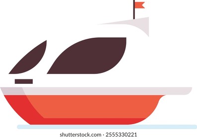 Minimalist vector illustration featuring a red motorboat gliding across light blue waters, adorned with brown sails and a vibrant red flag fluttering above