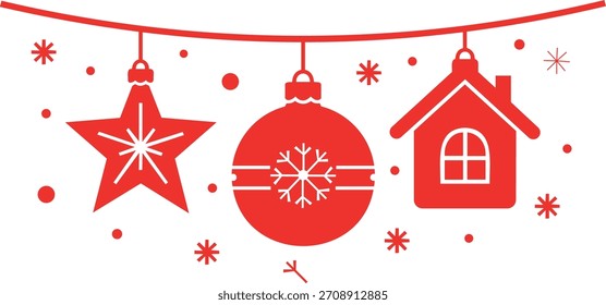 Eine minimalistische Vektorgrafik mit roten Weihnachtsschmuck, die von einer horizontalen Linie auf weißem Hintergrund hängt. Die Ornamente umfassen einen fünfzackigen Stern, einen kugelförmigen Baum mit einer Schneeflocke 