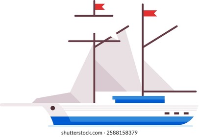 Minimalist vector illustration featuring a sailboat gracefully sailing on the sea, adorned with white sails and vibrant red flags, perfect for capturing travel and leisure themes