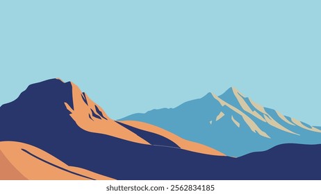 A minimalist vector illustration featuring a serene desert landscape with towering mountains in the background. The image showcases a gradient of warm, earthy tones transitioning from the desert sands