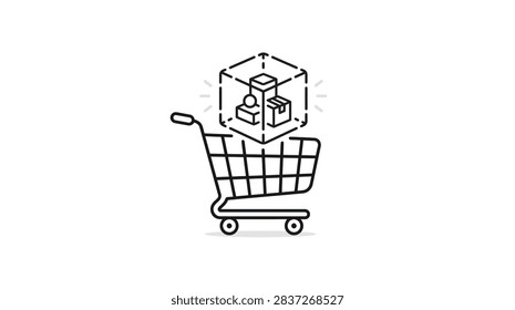 A minimalist vector illustration featuring a shopping cart with a transparent cube containing smaller items inside, representing e-commerce and delivery