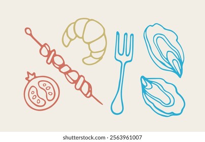 Minimalist vector illustration featuring a shrimp, skewered food, oysters, a tomato slice, and a fork in line art style. Perfect for seafood and culinary design projects