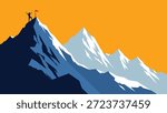Minimalist vector illustration featuring a silhouette standing on a snowy mountain peak with a red flag against a vibrant orange sky. The scene symbolizes success, achievement, leadership, and reaching business goals.