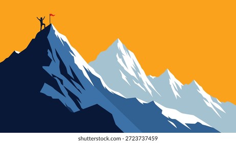Ilustração de vetor minimalista com uma silhueta em pé em um pico de montanha nevado com uma bandeira vermelha contra um céu laranja vibrante. O cenário simboliza sucesso, conquista, liderança e atingir metas de negócios.