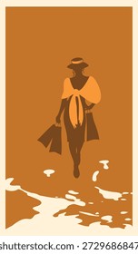 A minimalist vector illustration featuring a silhouette of a woman walking with shopping bags. Rendered in a flat, graphic style with bold shapes and a warm orange-brown palette, the woman wears a hat and scarf tied in a bow. White areas suggest reflections or abstract ground elements, making it ideal for art prints, lifestyle graphics, and shopping-themed designs.