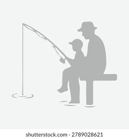 A minimalist vector illustration featuring the silhouette of a father and his young son sitting together on a dock, holding a fishing rod in the water.