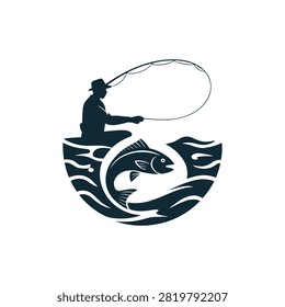 A minimalist vector illustration featuring the silhouette of a fisherman in a small boat casting a line, with a jumping fish in the water below.