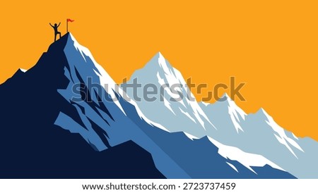 Minimalist vector illustration featuring a silhouette standing on a snowy mountain peak with a red flag against a vibrant orange sky. The scene symbolizes success, achievement, leadership, and reaching business goals.