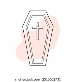 A minimalist vector illustration featuring a simple coffin with a cross design. The artwork is created with clean lines and subtle color accents, ideal for use in thematic projects or as part of a