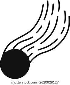 Ilustração vetorial minimalista com um cometa preto elegante que se estende pela extensão escura do espaço, deixando uma trilha branca brilhante que melhora seu movimento rápido