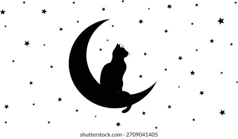 Uma ilustração vetorial minimalista com uma elegante silhueta de gato preto sentado serenamente em uma lua crescente em meio a um fundo branco com numerosas estrelas pretas, ideal para vários projetos de design.