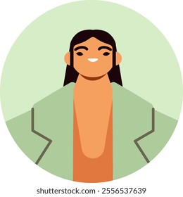 Minimalist vector illustration featuring a smiling asian woman with long dark hair, wearing a stylish green jacket and an orange top, presented in a circular frame against a light green background