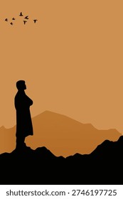 A minimalist vector illustration featuring a solitary man’s silhouette standing on a rugged mountain ridge, looking out over a vast landscape with birds flying in a warm, orange-hued sky.