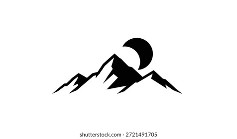 Una Ilustración vectorial minimalista con una cordillera negra y dura, silueta sobre un fondo blanco, resaltada por una luna creciente. Este diseño transmite una sensación de aventura al aire libre y