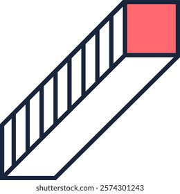 Minimalist vector illustration featuring a striped rectangular prism extending diagonally. Its top surface highlighted in red. Creating a sense of depth and perspective against a clean white backdrop